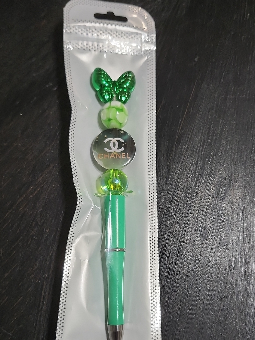 CHANEL Green Beaded Butterfly Pen with Silver Logo Disk